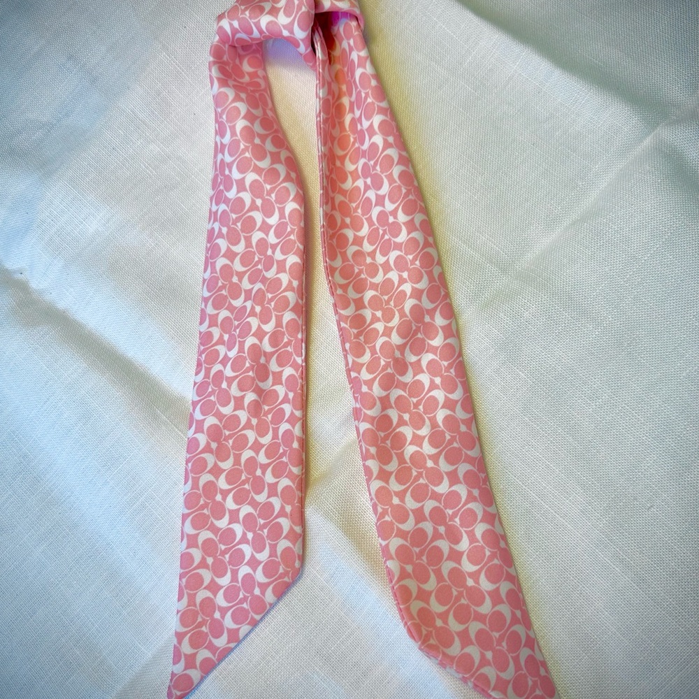 Coach Hair Tie & Scarf in satin Pink & White Monogram Pattern. Spring vibe.